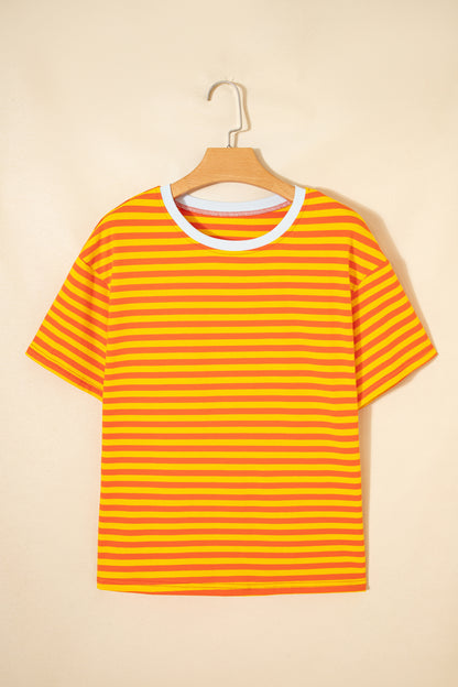 Orange Stripe Contrast Crew Neck Drop Shoulder Loose Tee - Snoopy's Closet