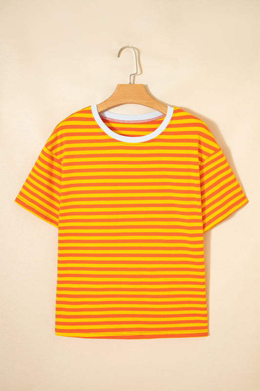 Orange Stripe Contrast Crew Neck Drop Shoulder Loose Tee - Snoopy's Closet