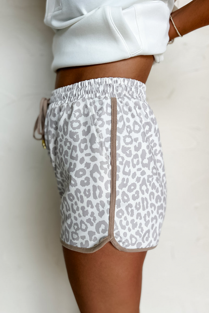 White Leopard Elastic Waistband Lace up Contrast Trim Casual Shorts - Snoopy's Closet