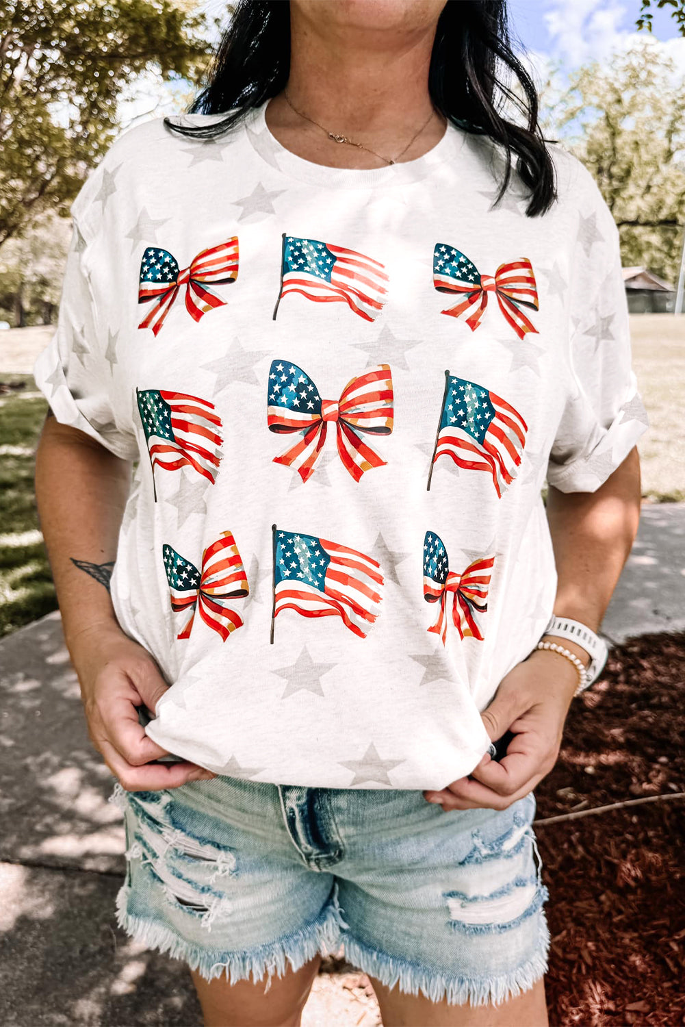 Khaki Patriotic Flag Bow Graphic Starry Round Neck T Shirt - Snoopy's Closet