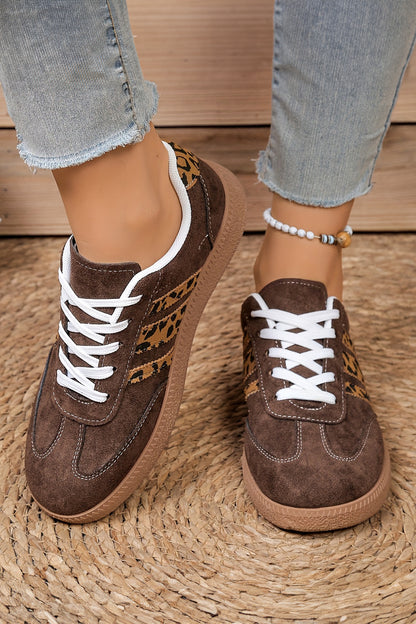 Coffee Contrast Lace-up Leopard Patchwork Detail Faux Suede Shoes - Snoopy's Closet