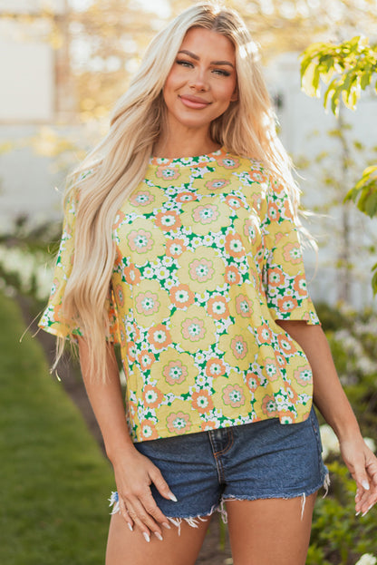 Yellow Summer Flower Printed Drop Shoulder Loose T Shirt - Snoopy's Closet