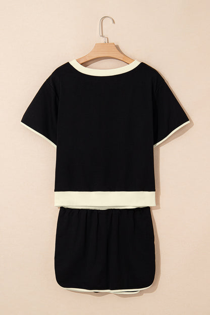 Black Sequin Rugby Football Bow Patched Colorblock Edge Tee and Skort Set