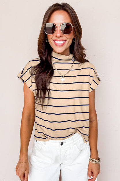 Top Holgado de Manga Corta con Cuello Falso a Rayas Caqui