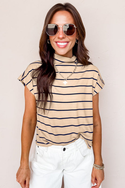 Top Holgado de Manga Corta con Cuello Falso a Rayas Caqui