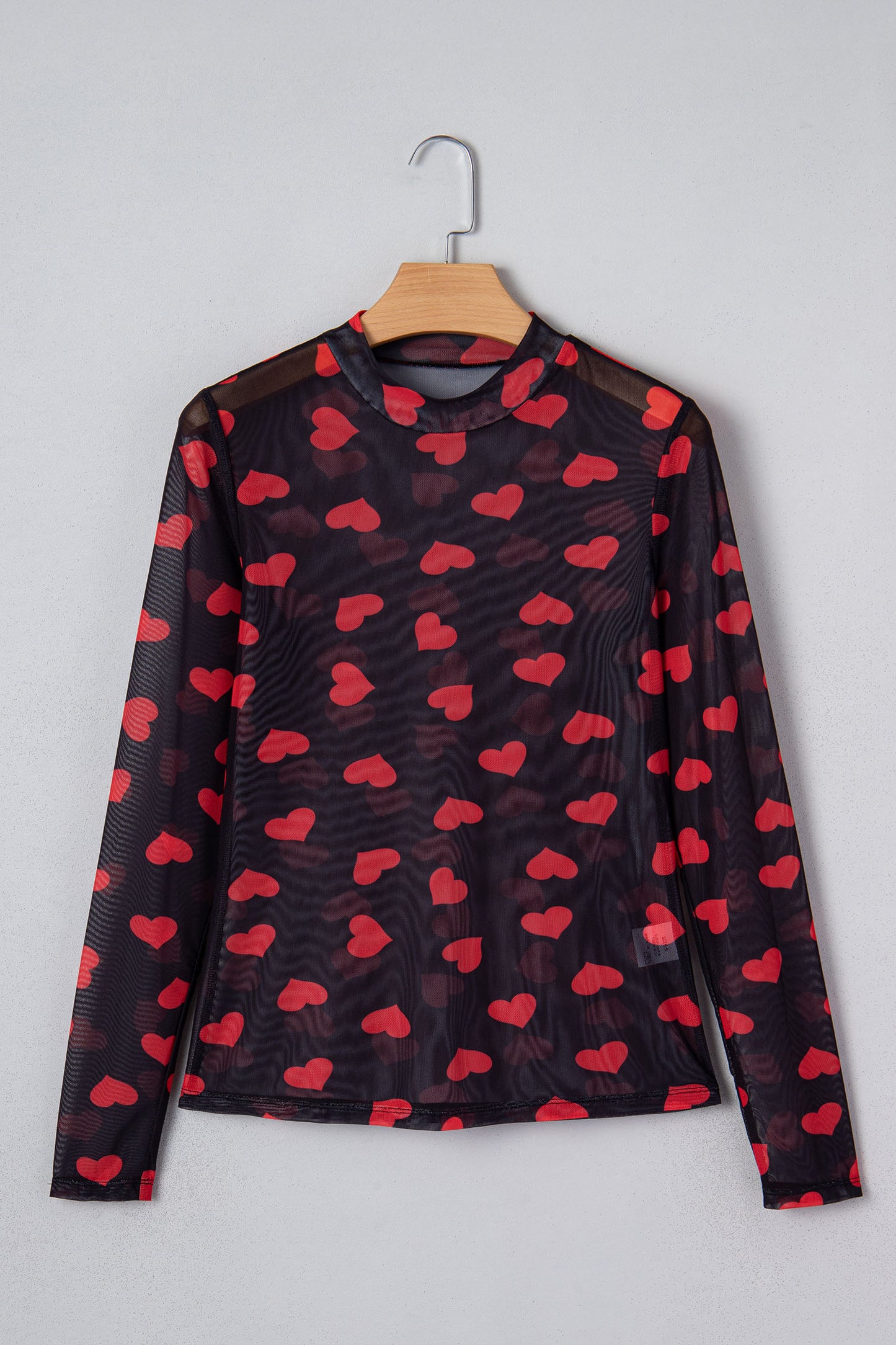Black Valentines Heart Printed Sheer Mesh Long Sleeve Top - Snoopy's Closet
