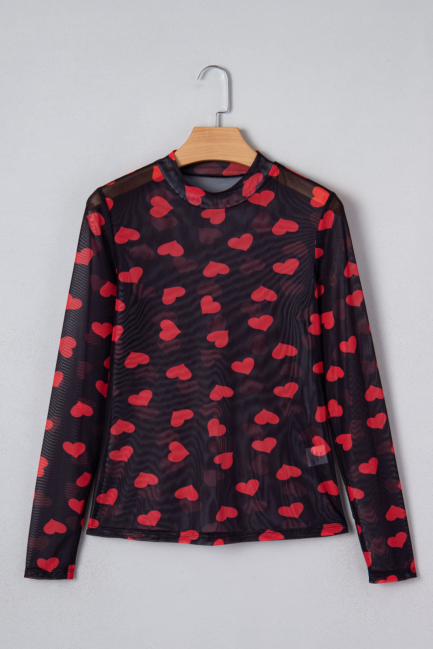 Black Valentines Heart Printed Sheer Mesh Long Sleeve Top - Snoopy's Closet