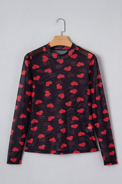 Black Valentines Heart Printed Sheer Mesh Long Sleeve Top - Snoopy's Closet