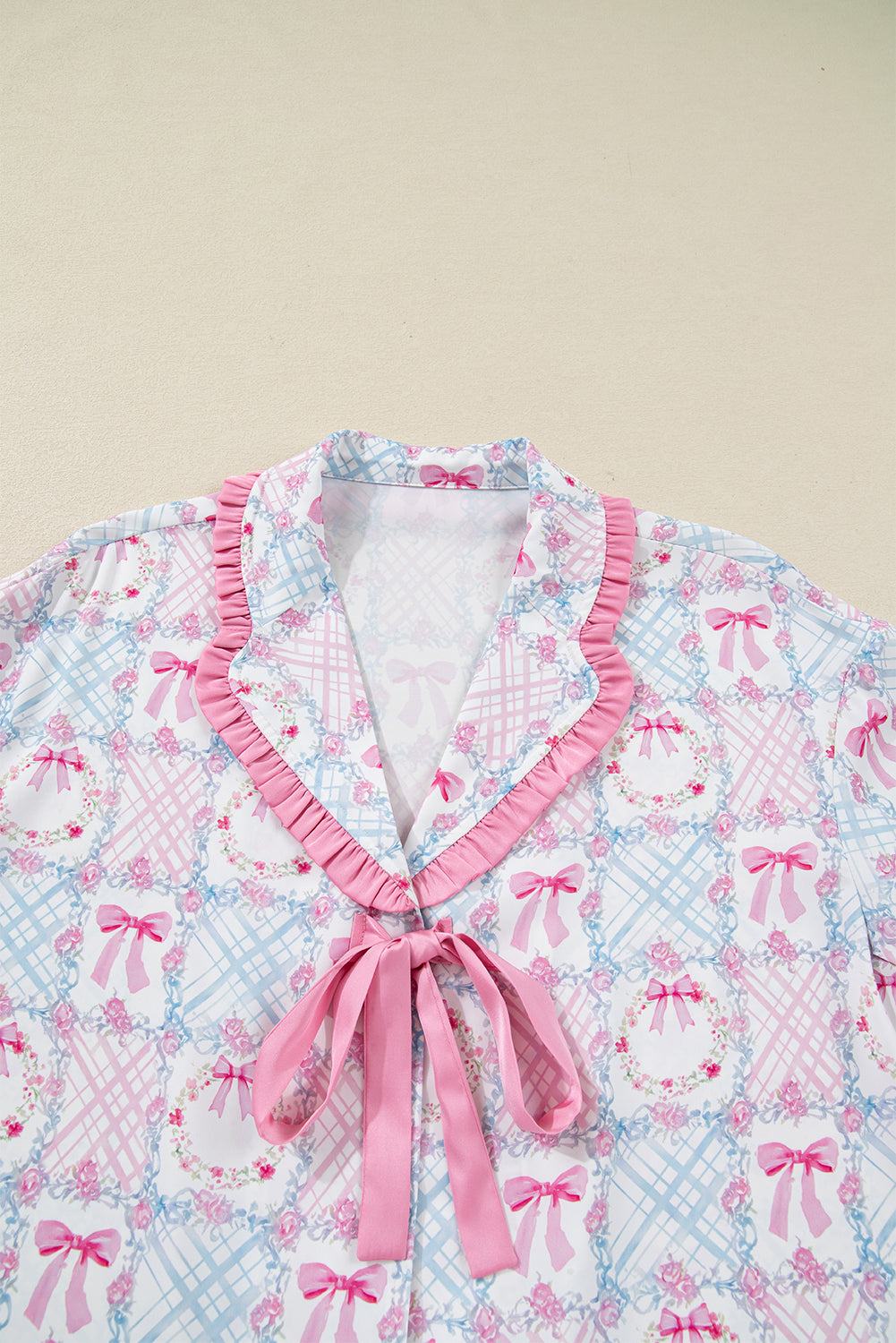 Pink Bow Wreath Pattern Christmas Holiday Tied Front Long Sleeve 2pcs Pajama Set - Snoopy's Closet