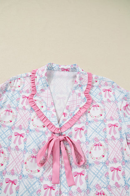 Pink Bow Wreath Pattern Christmas Holiday Tied Front Long Sleeve 2pcs Pajama Set - Snoopy's Closet
