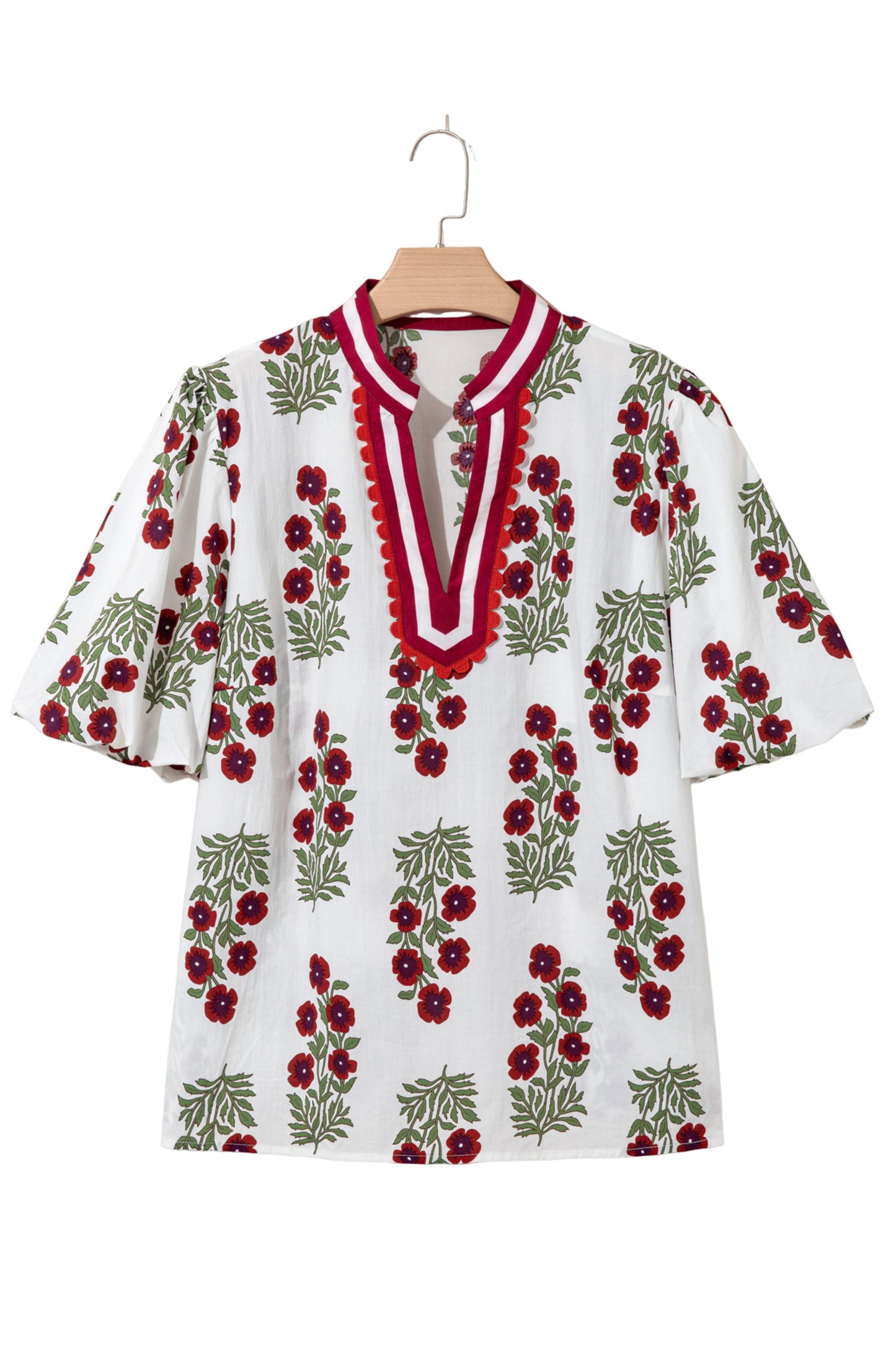 Blusa de Algodón Blanca Talla Grande con Estampado Floral, Ribete de Ricrac y Manga Corta