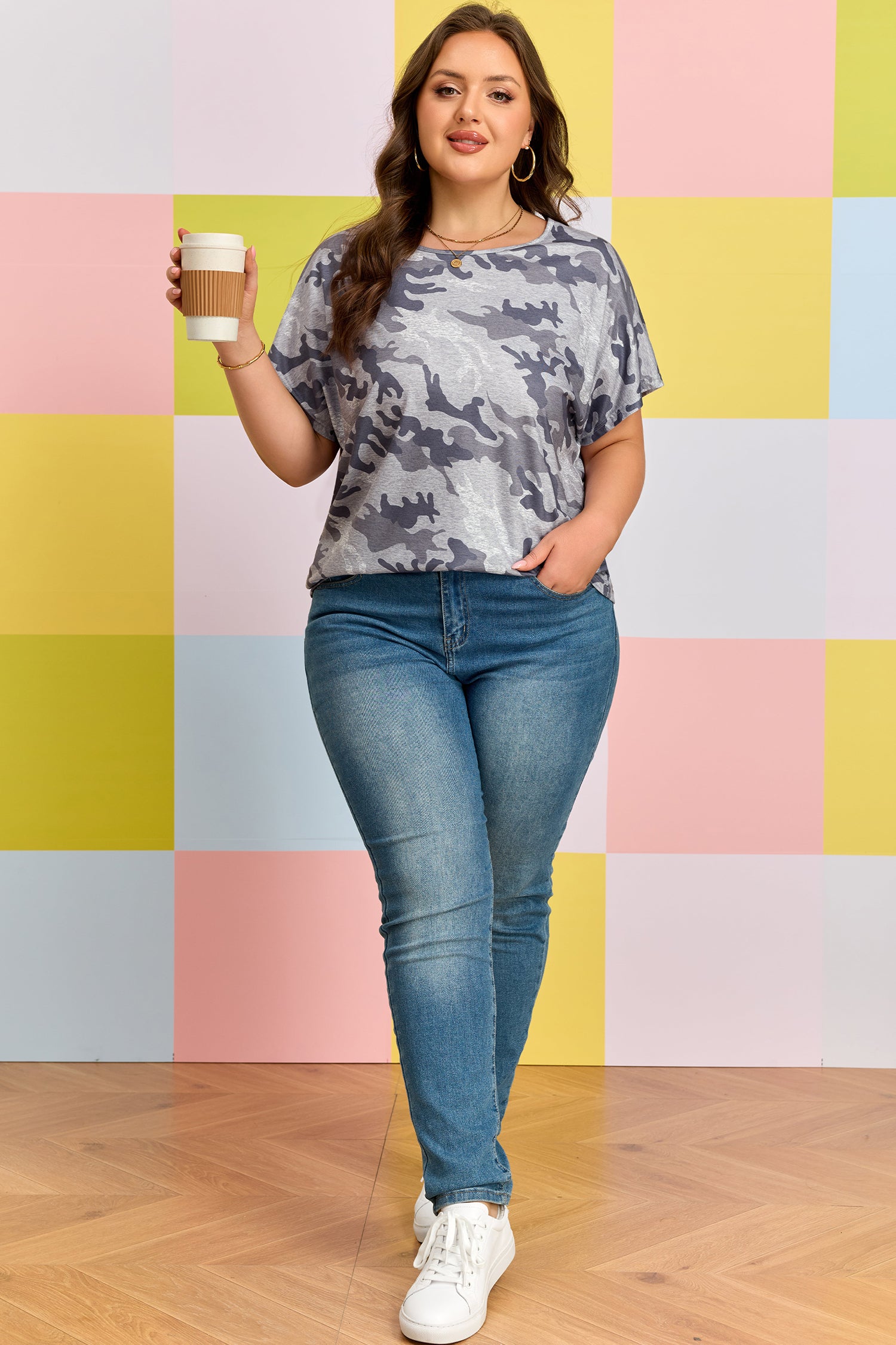 Gray Plus Size Camo Print Casual T Shirt - Snoopy's Closet