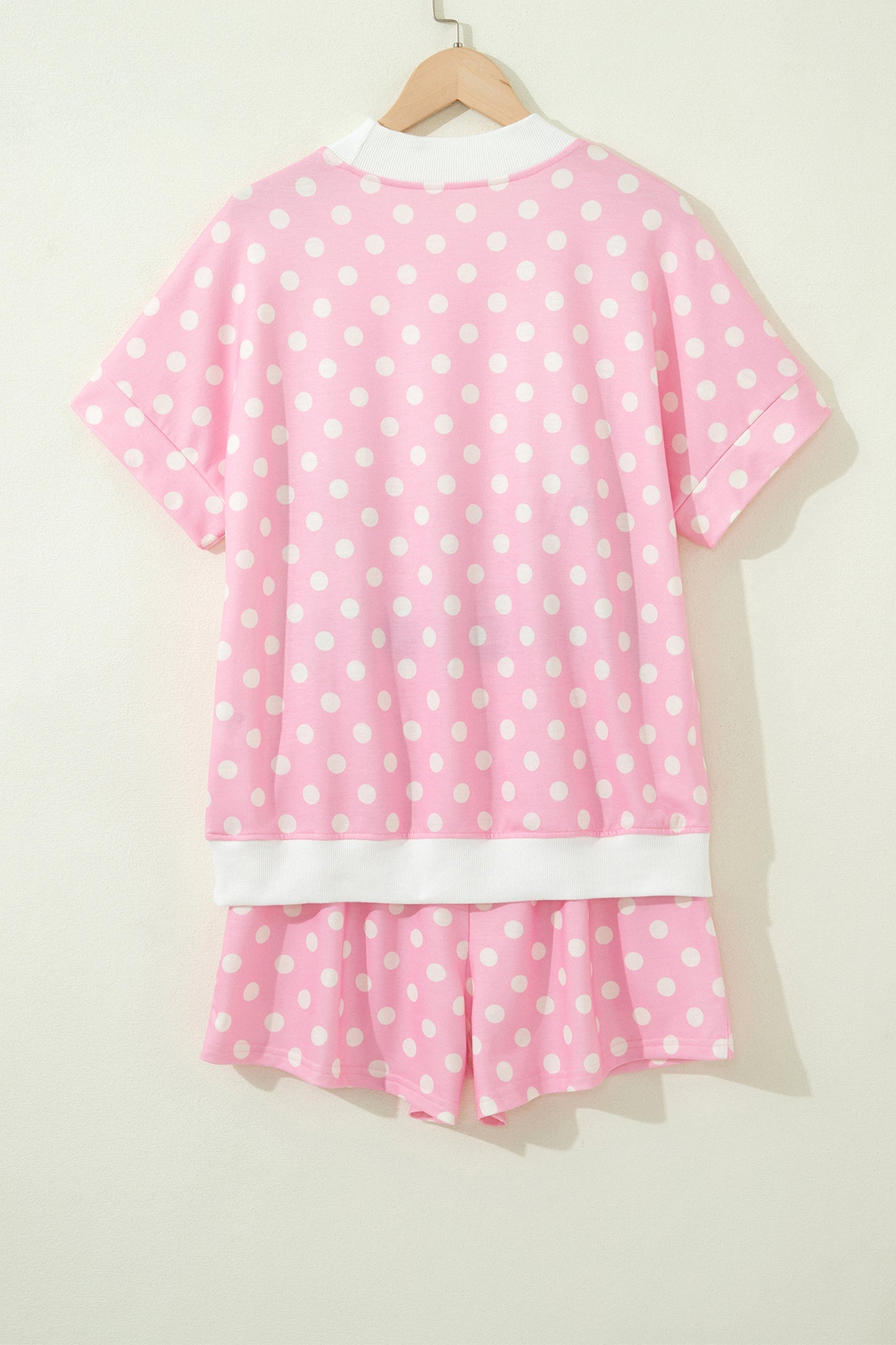 Sky Blue Polka Dot Print Color Block Trim Mock Neck Short Set - Snoopy's Closet