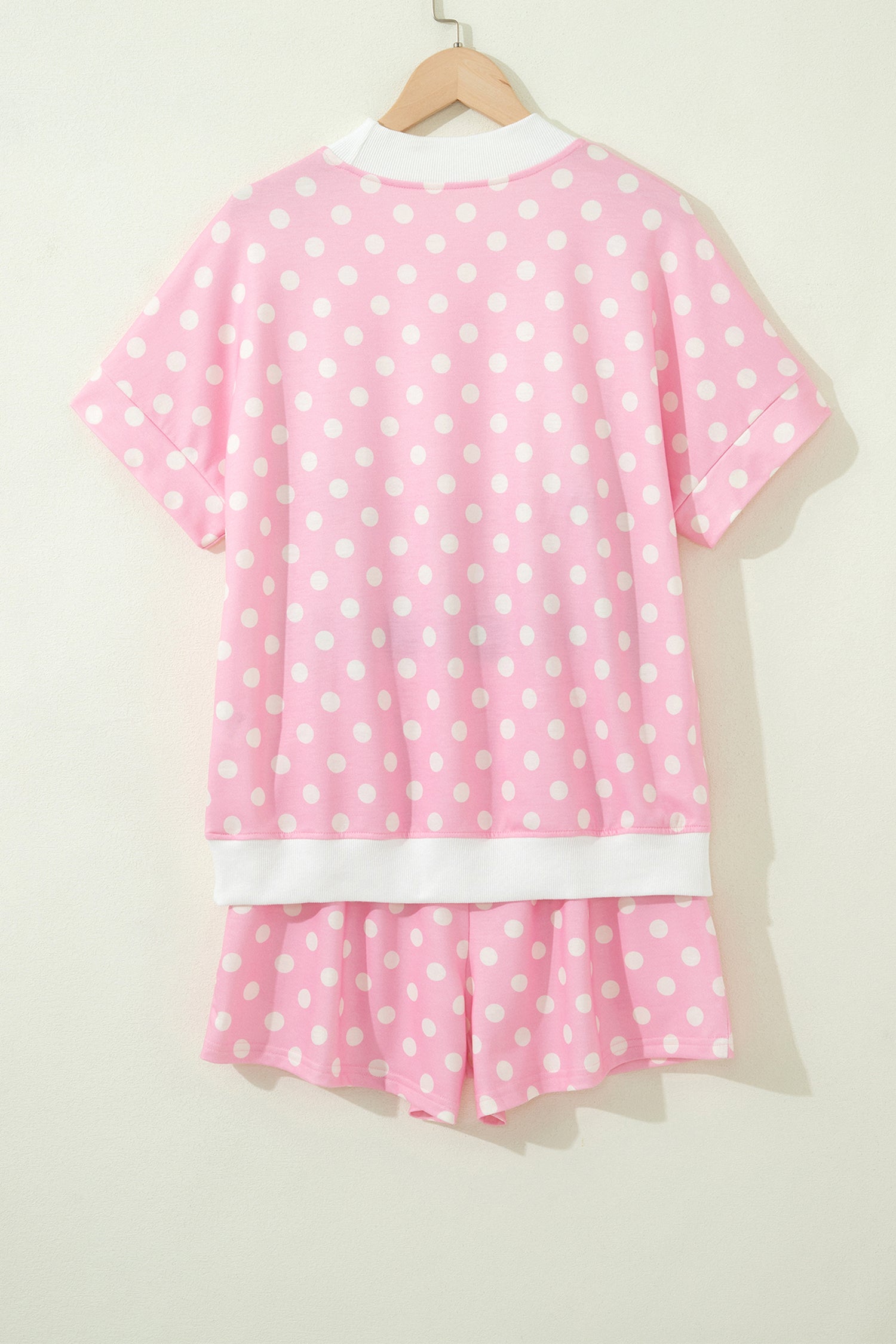 Sky Blue Polka Dot Print Color Block Trim Mock Neck Short Set - Snoopy's Closet