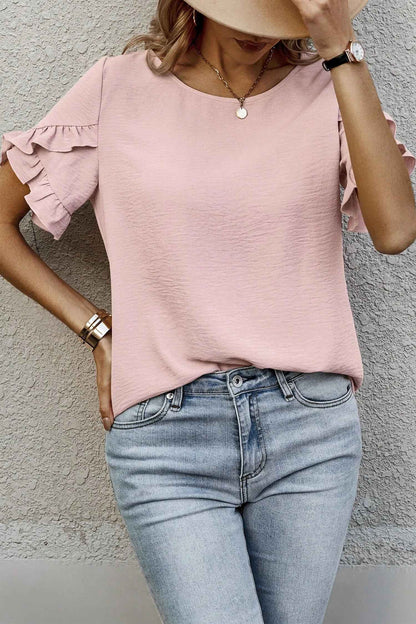 Sea Green Solid Color Ruffle Trim Short Sleeve Blouse