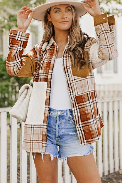 Camisa chaqueta con bolsillos y bloques de color a cuadros naranjas