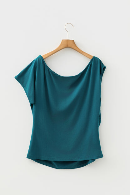 Blue Sapphire Plus Size Solid Color Asymmetric Neck Short Sleeve Blouse - Snoopy's Closet
