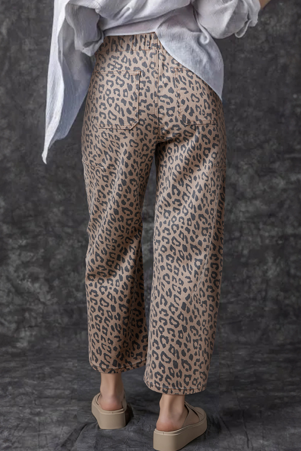Khaki Leopard Printed Drawstring Elastic Waistband Pocketed Barrel Jeans - Snoopy's Closet