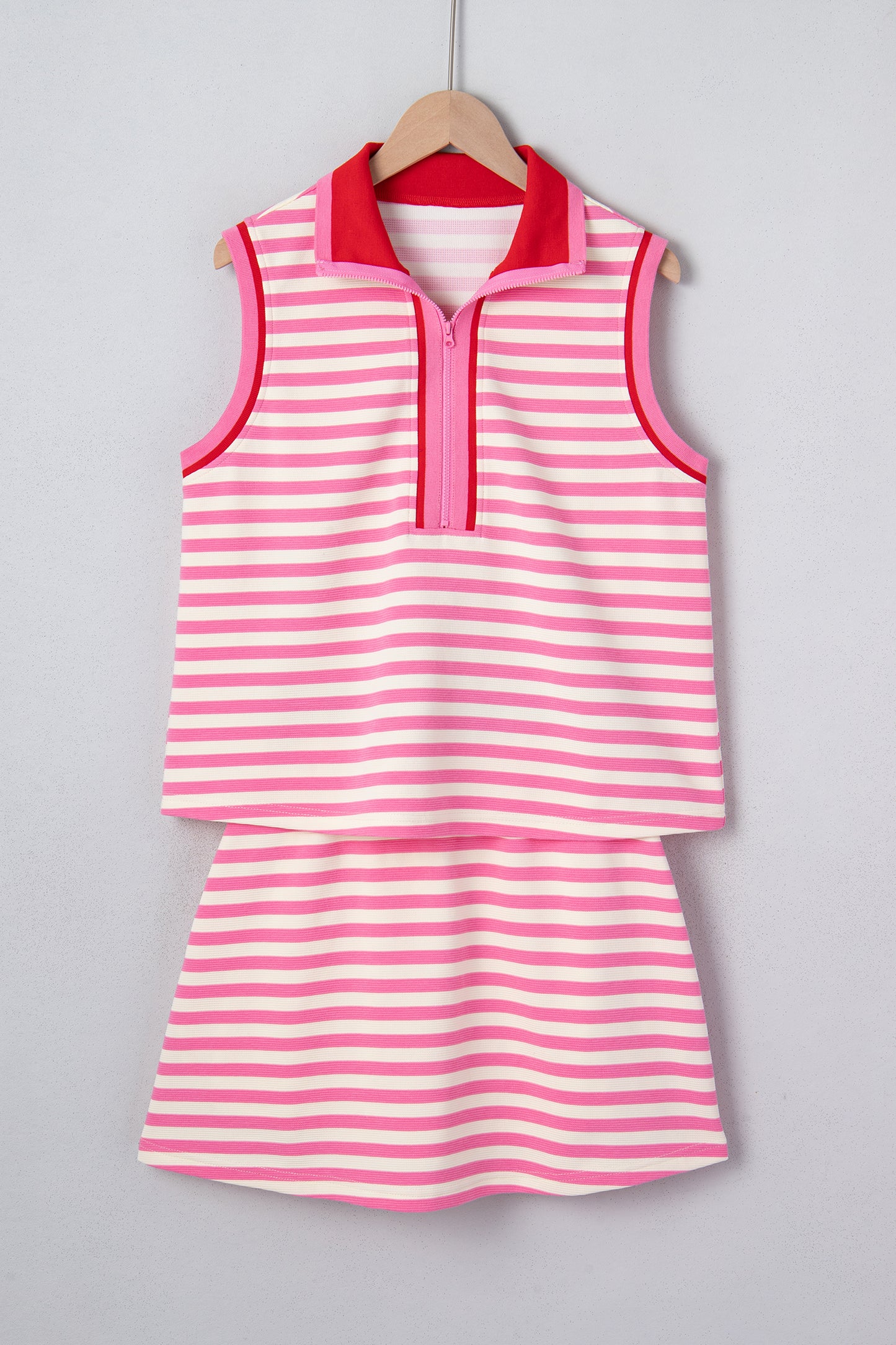 Sachet Pink Textured Stripe Print Contrast Trim Zip Collar Sleeveless 2pcs Skort Set - Snoopy's Closet