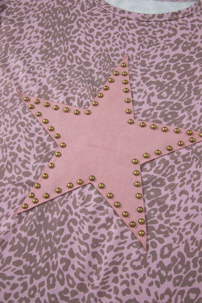 Khaki Leopard Retro Studded Star Patch Loose Tee - Snoopy's Closet