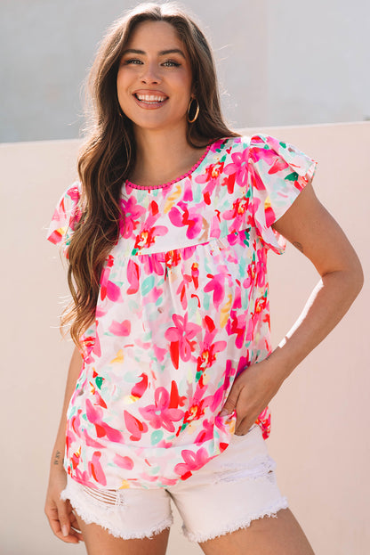 Rose Floral Print Flutter Sleeve Round Neck Casual Blouse - Snoopy's Closet