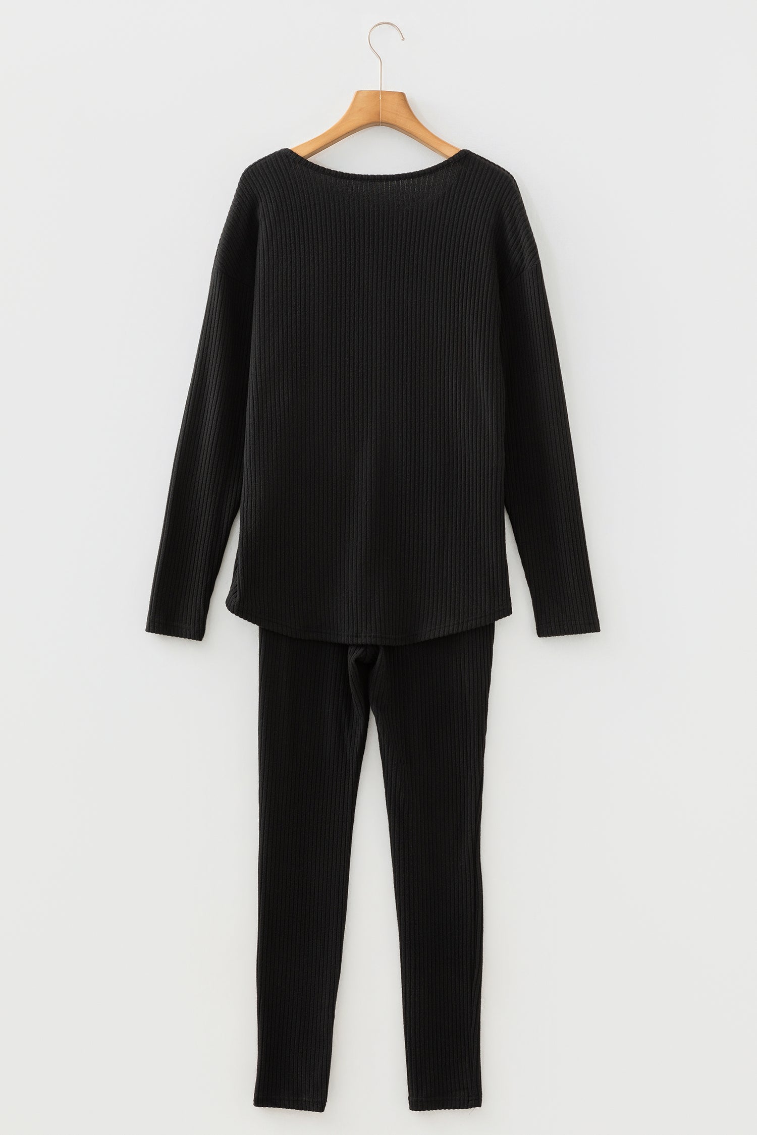 Black Ribbed Notched Neck Knit Long Sleeve Leggings Two Pieces Lounge Set - Snoopy's Closet