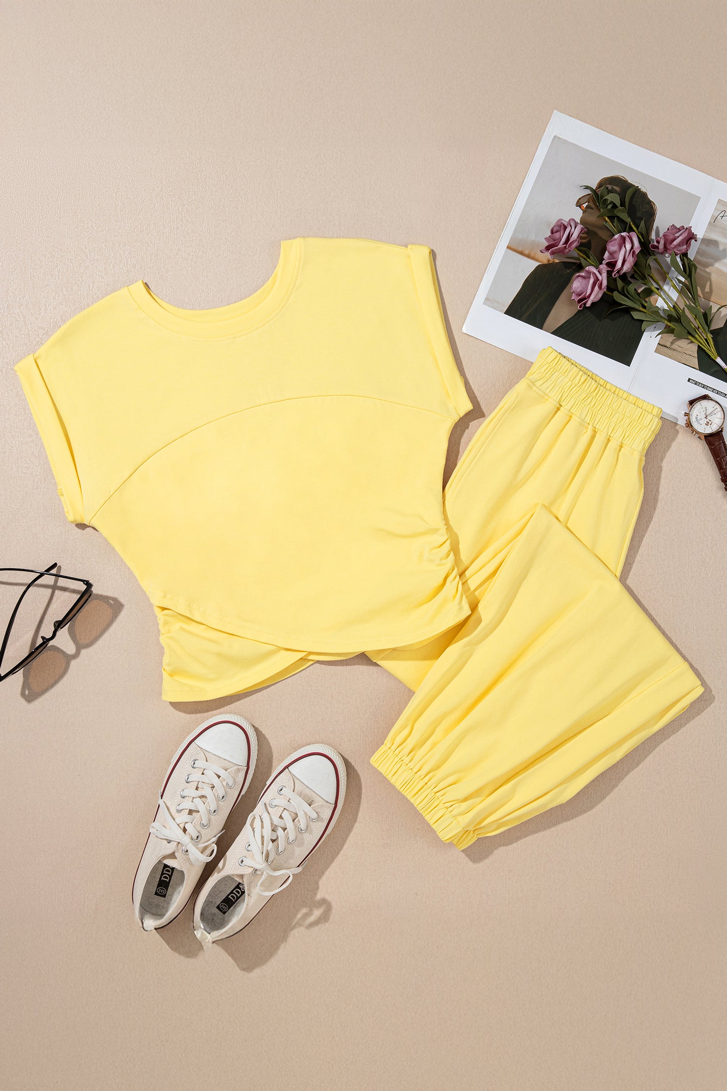 Yellow Cream Solid Color Cropped Tank Top and Jogger Pants Set - Snoopy's Closet