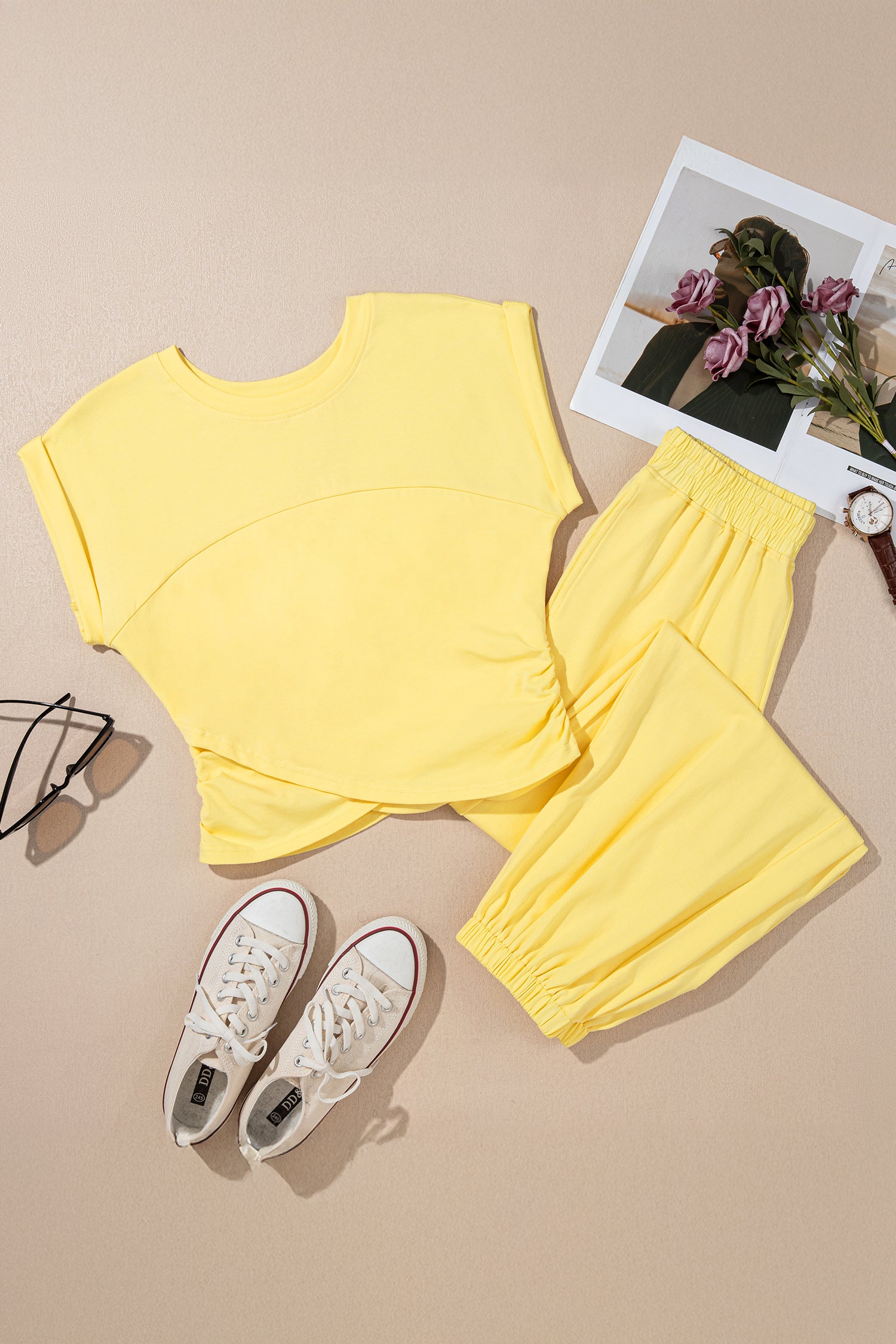 Yellow Cream Solid Color Cropped Tank Top and Jogger Pants Set - Snoopy's Closet