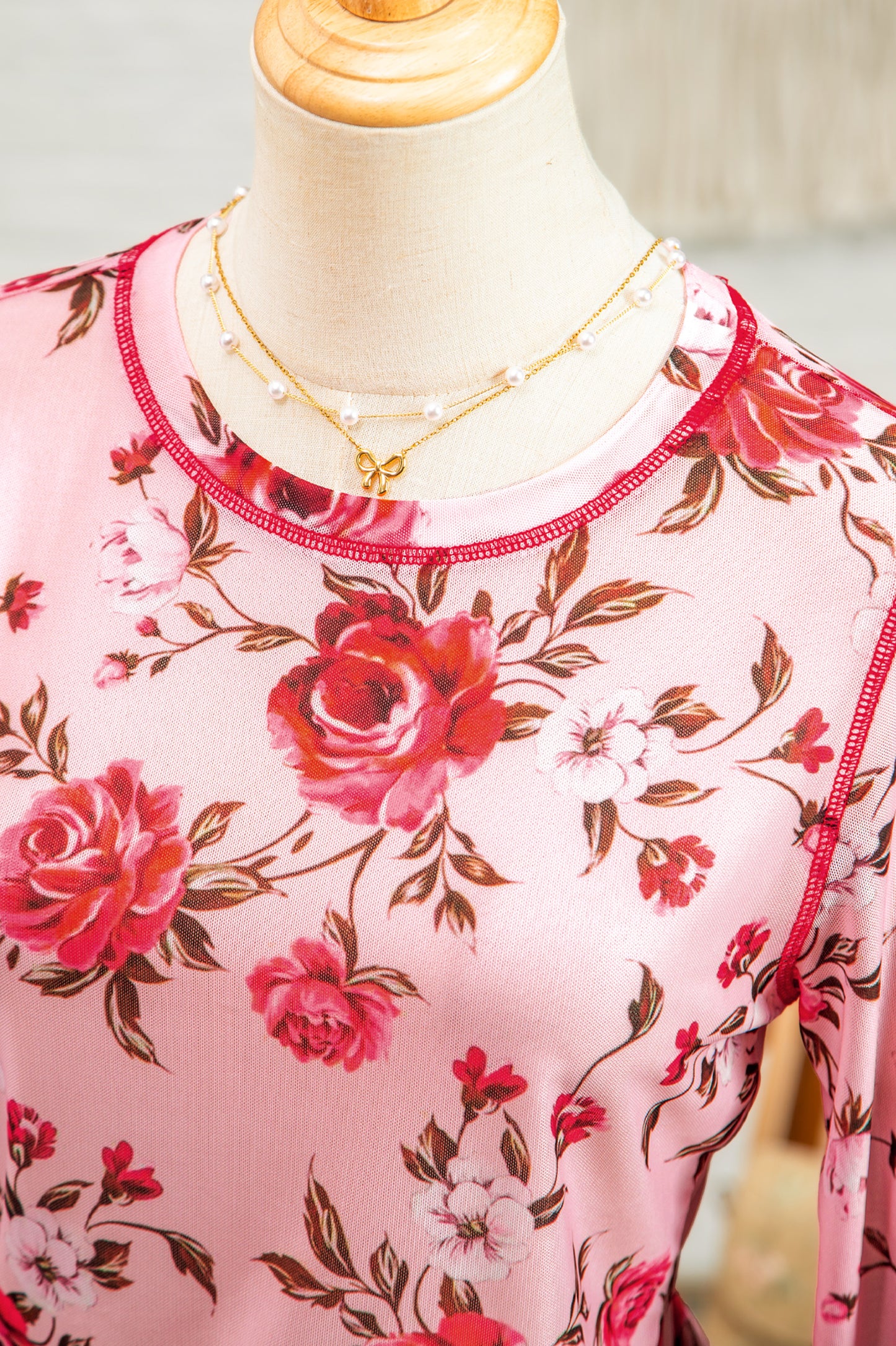 Pink Floral Print Exposed Seam Detail Mesh Long Sleeve Top - Snoopy's Closet