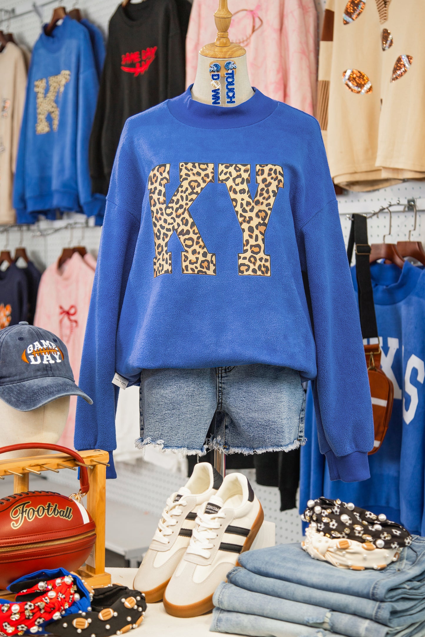 Dark Blue KENTUCKY Leopard KY Letter Print Reversible High Neck Sweatshirt - Snoopy's Closet