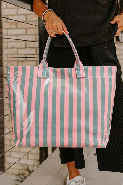 Blackish Green Glossy Striped Vinyl Large Tote Bag - Snoopy's Closet
