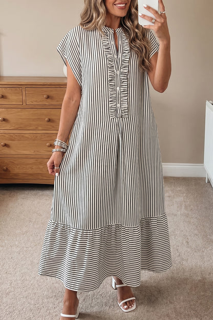Vestido largo de manga corta con volantes y botones hasta la mitad, de rayas negras