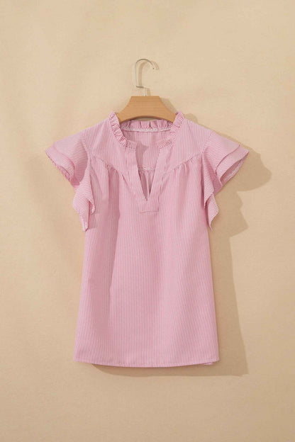 Red Stripe Frilly Split Neck Double Ruffled Short Sleeve Blouse