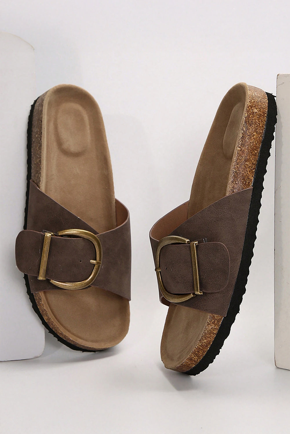 Coffee Buckle Decor Faux Suede Thick Sole Slippers - Snoopy's Closet