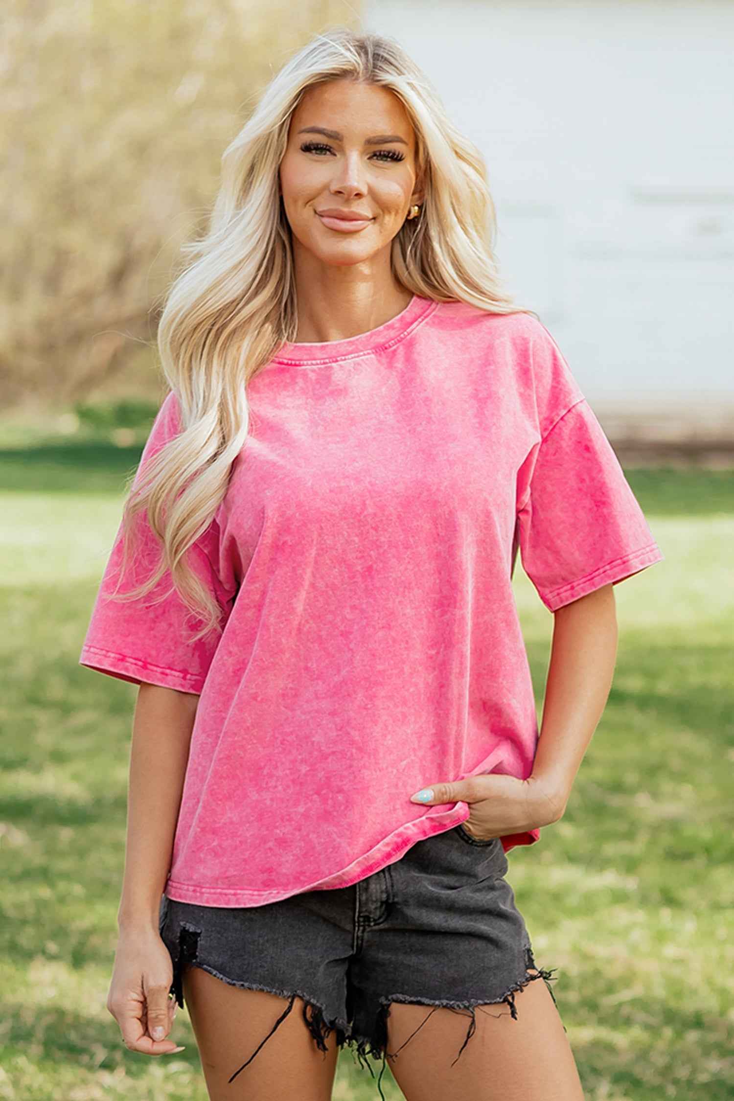 Dark Grey Solid Color Cotton Mineral Washed Oversize Tee