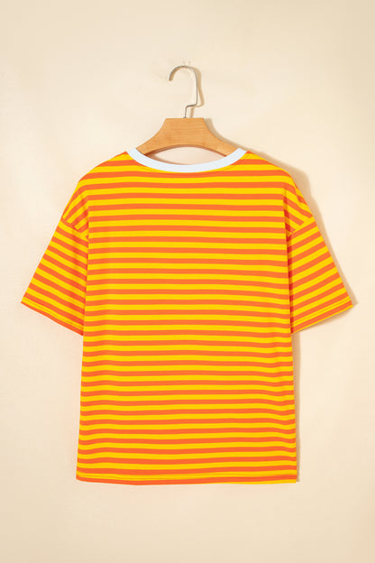 Orange Stripe Contrast Crew Neck Drop Shoulder Loose Tee - Snoopy's Closet