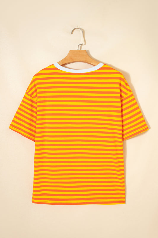 Orange Stripe Contrast Crew Neck Drop Shoulder Loose Tee - Snoopy's Closet