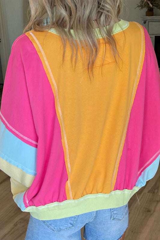 Sudadera Talla Grande Costura Vista Colorblock Patchwork Rojo Rosado