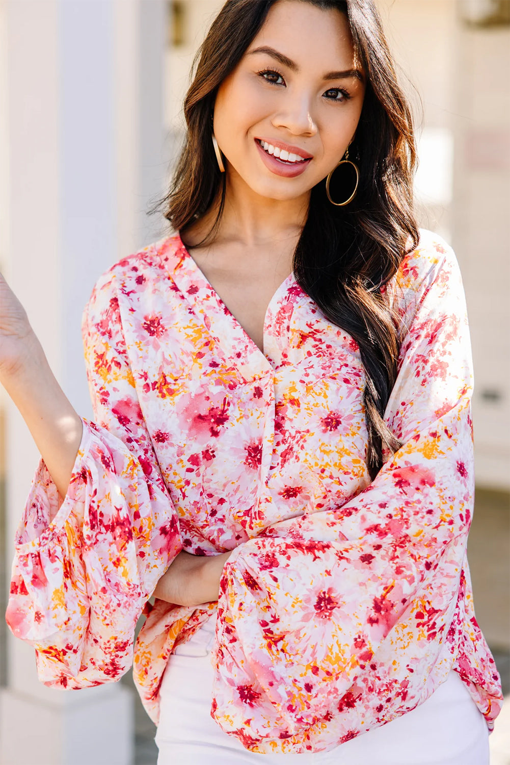 Pink Ditsy Floral Bubble Sleeve V Neck Blouse - Snoopy's Closet