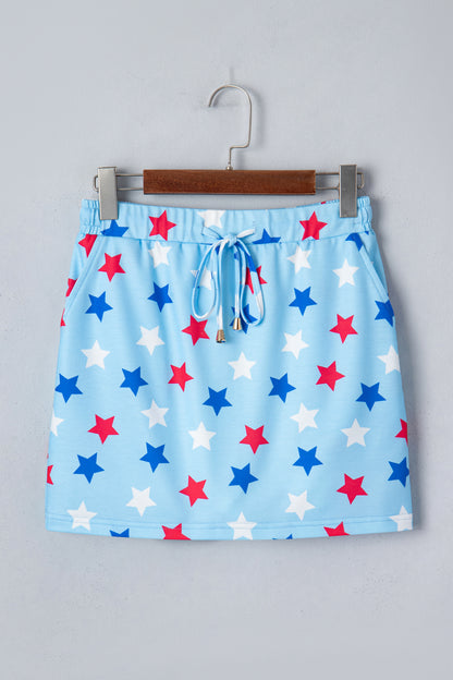 Sky Blue Patriotic Star Printed Beaded Drawstring Mini Skort - Snoopy's Closet
