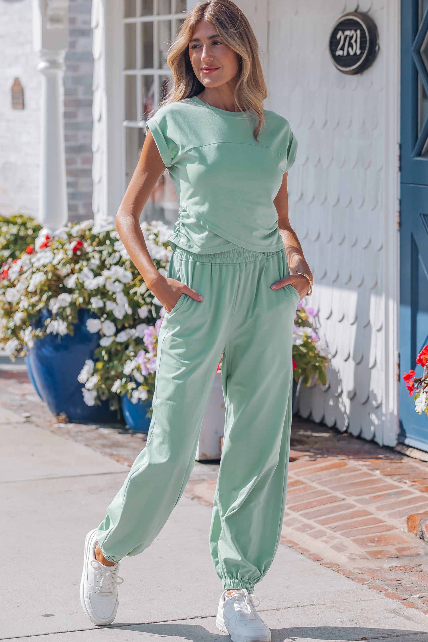 Moonlight Jade Solid Color Cropped Tank Top and Jogger Pants Set - Snoopy's Closet