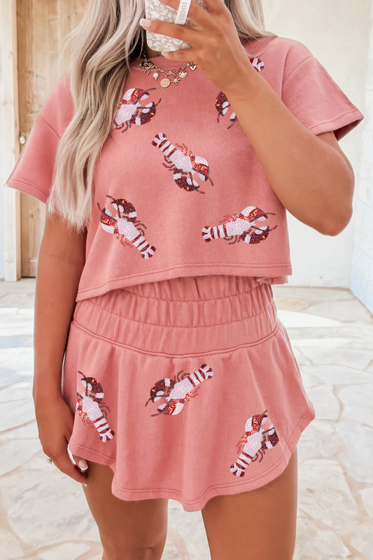 Conjunto de 2 piezas de camiseta corta con gráfico de cangrejo de lentejuelas Blossom y minifalda pantalón de talle alto