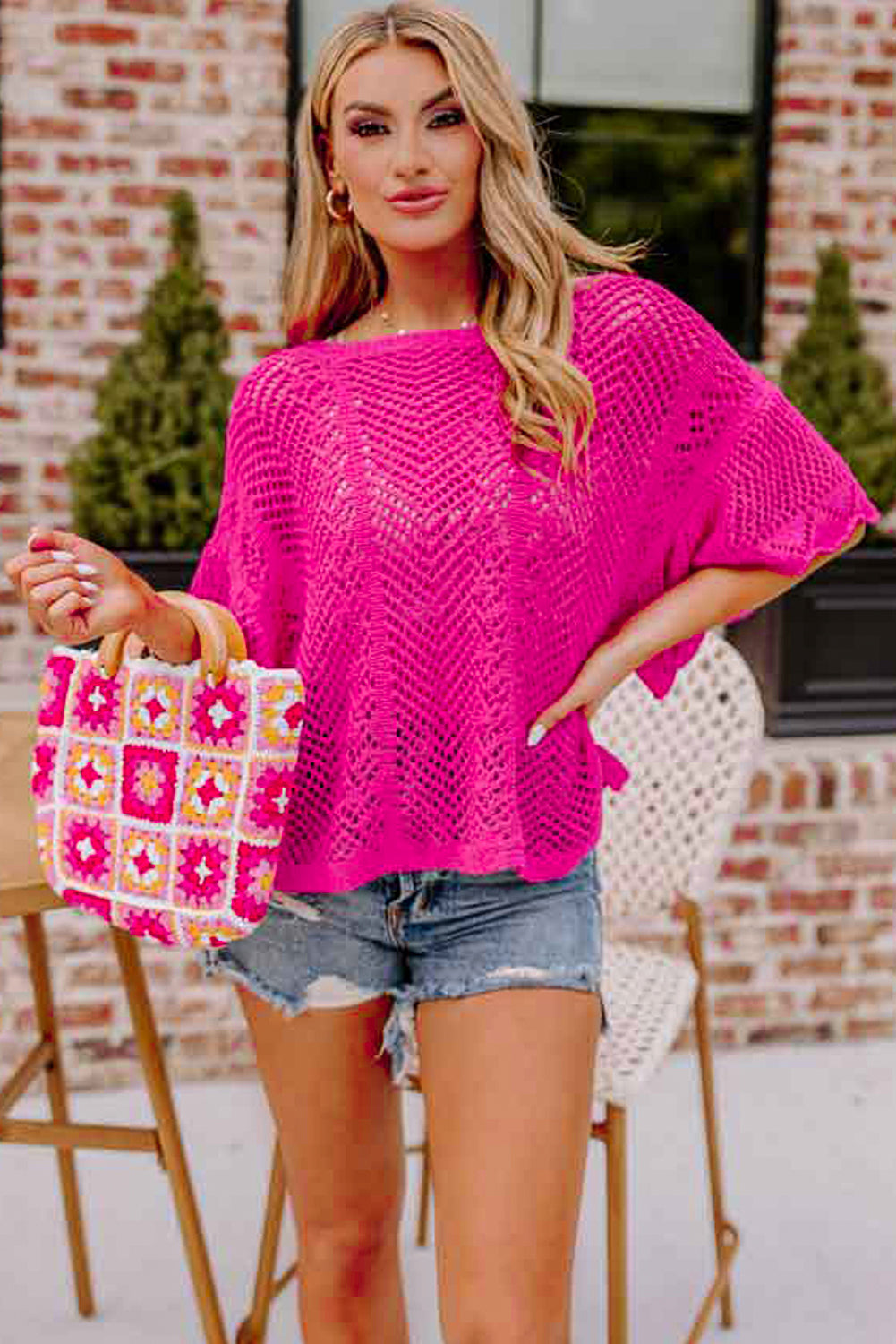 Rose Red Pointelle Knit Scallop Edge Short Sleeve Top - Snoopy's Closet