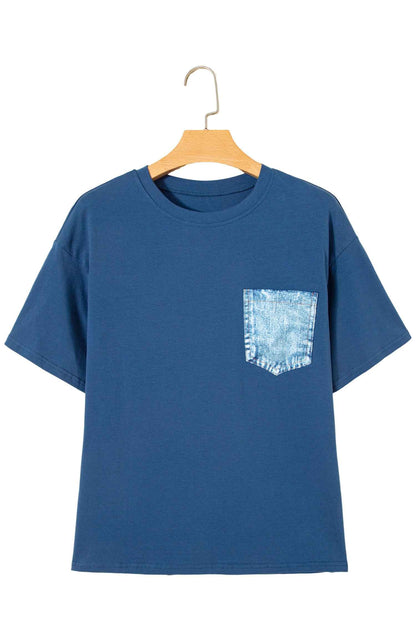 White Color Block Chest Pocket Patched Casual Short Sleeve Top
