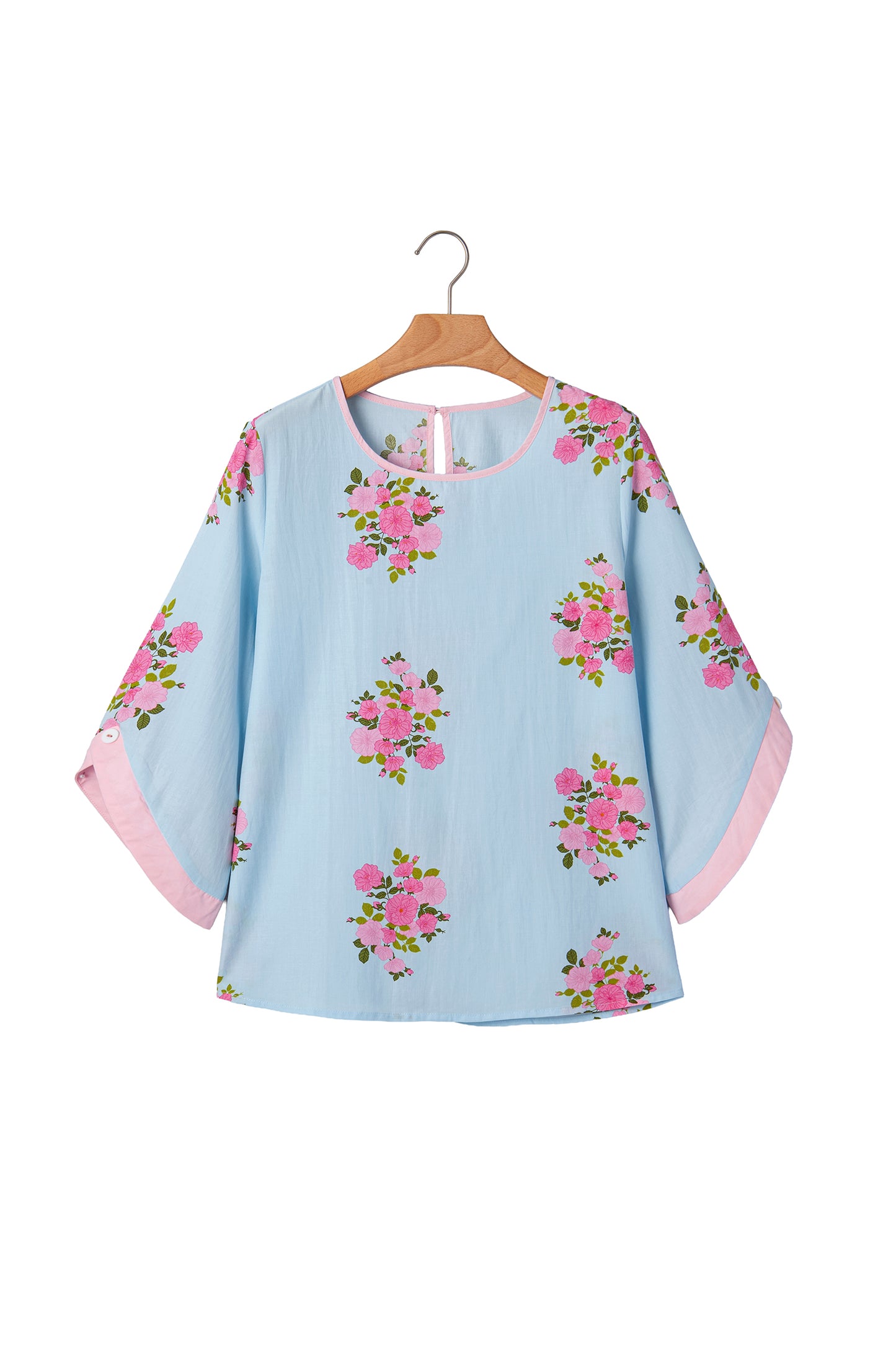 Sky Blue Floral Print Button Cuffed 3/4 Sleeve Round Neck Blouse - Snoopy's Closet