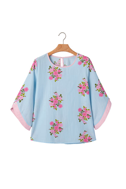 Sky Blue Floral Print Button Cuffed 3/4 Sleeve Round Neck Blouse - Snoopy's Closet