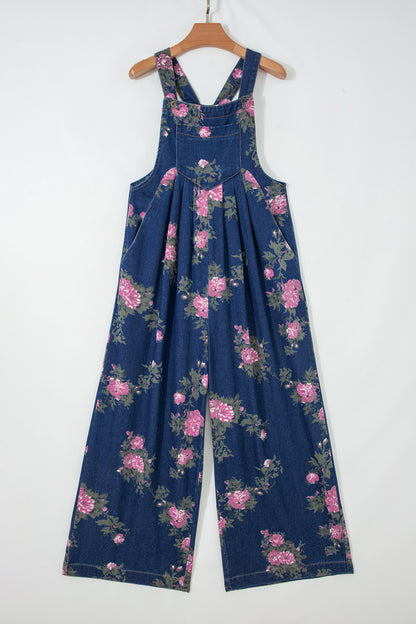 Mono vaquero plisado de pernera ancha y talle alto con estampado floral Blue Beau