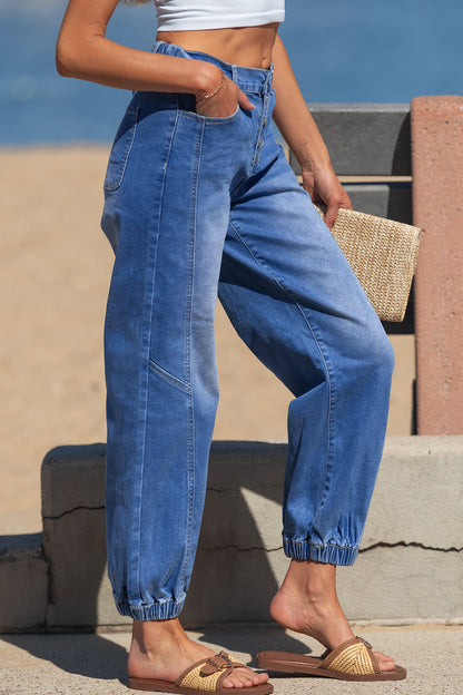Blue 4 Buttons Front Tapered Casual Loose Fit Jeans - Snoopy's Closet