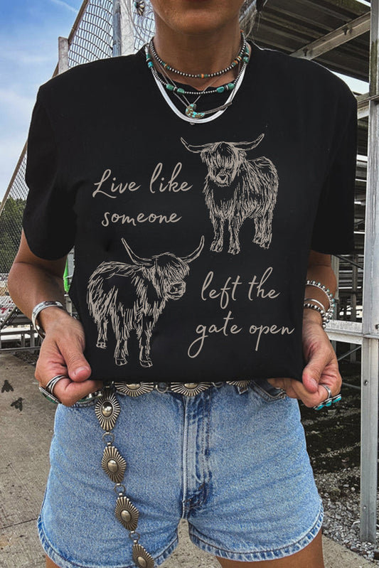 Camiseta casual con cuello redondo y estampado de vaca del Oeste en negro