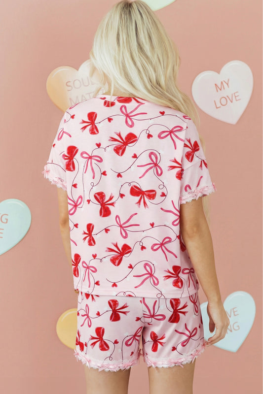 Conjunto de 2 piezas de blusa holgada con estampado de lazo romántico rojo y shorts con cordón para estar en casa